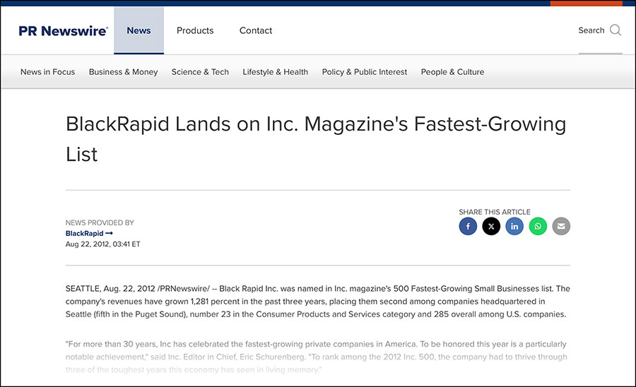 BlackRapid's Milestone: Honored on Inc. Magazine's 2012 Fastest-Growing Companies List 1